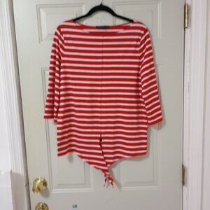 JONES NEW YORK Basic Size L Red Striped 3/4 Sleeve Asymmetrical Front Split Top